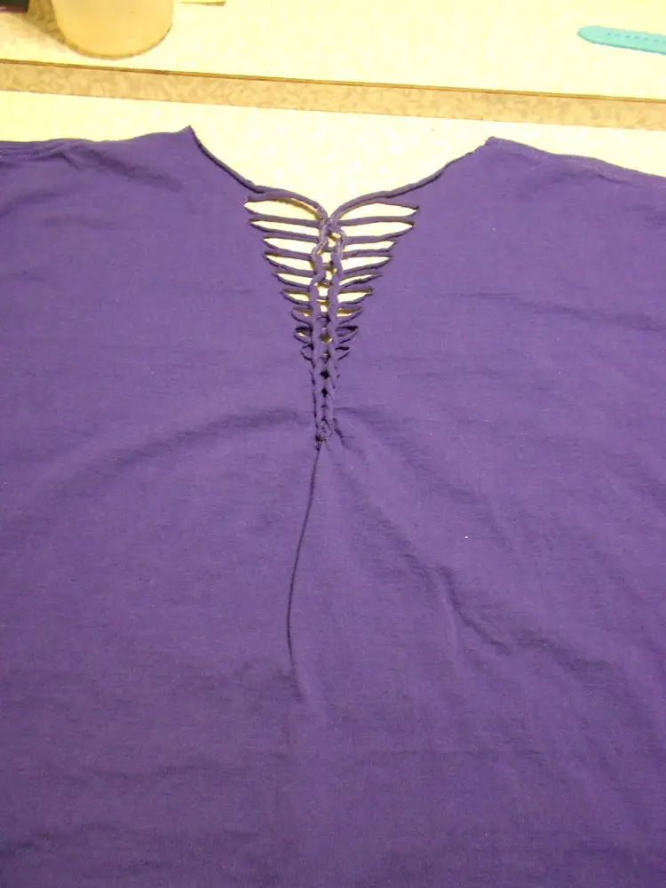 How to Alter a Man's T-shirt Again purple shirt with braided detail