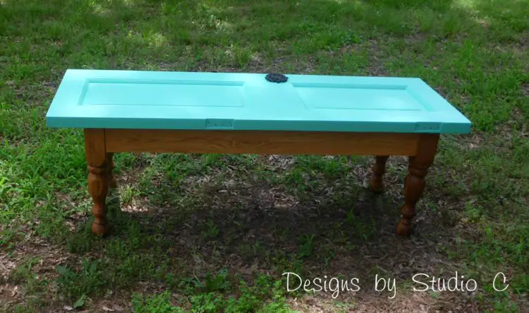  how to build a bench using an old door front view of completed bench