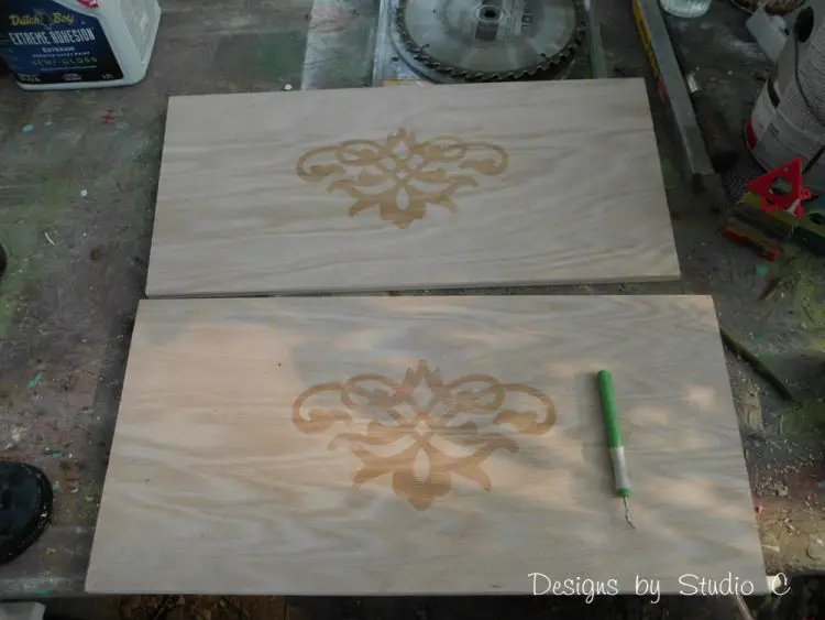 use glue resist technique with stain stenciled panels