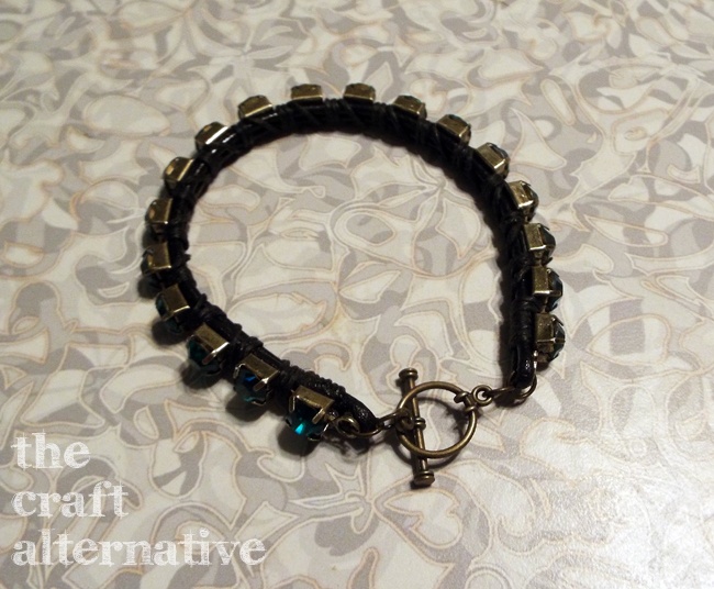 Linen Wrapped Leather and Rhinestone Bracelet DSCF2428