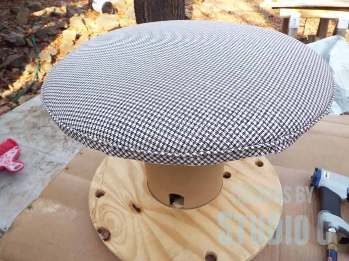 DIY Ottoman or Footstool Using an Old Wooden Spool_Welting Completed