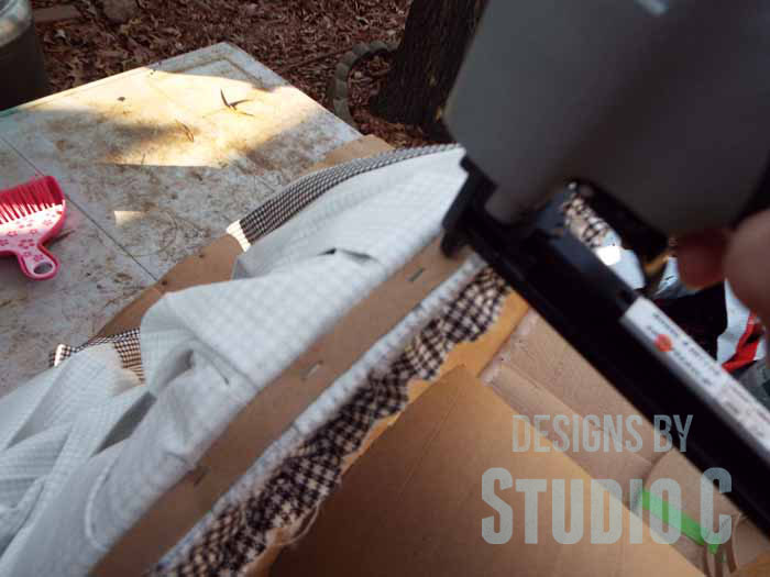 DIY Ottoman or Footstool Using an Old Wooden Spool_Securing Skirt