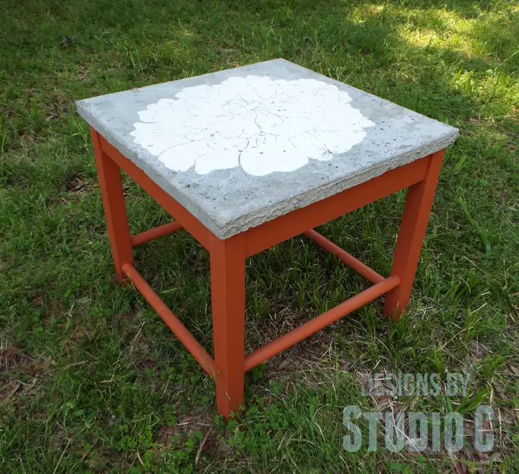 DIY Furniture Plans to Build a Stenciled Concrete Top Table - Angled View