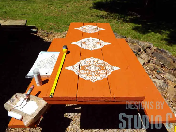 DIY Picnic Table Makeover - White Stencil