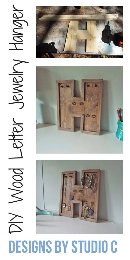 An easy to make wood letter doubling as a jewelry hanger using hooks and jewelry box pulls. Super-easy to make!