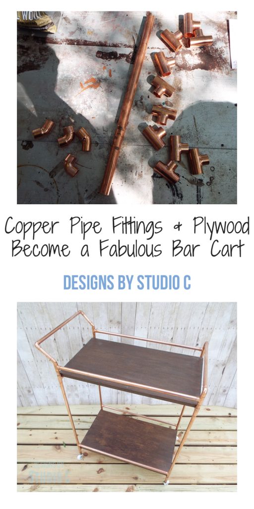 A few copper fittings with pipe and plywood become a fabulous bar cart for entertaining or as a display piece in the home! This project can be completed in a matter of hours, and can also be constructed out of PVC pipe for a less expensive alternative!