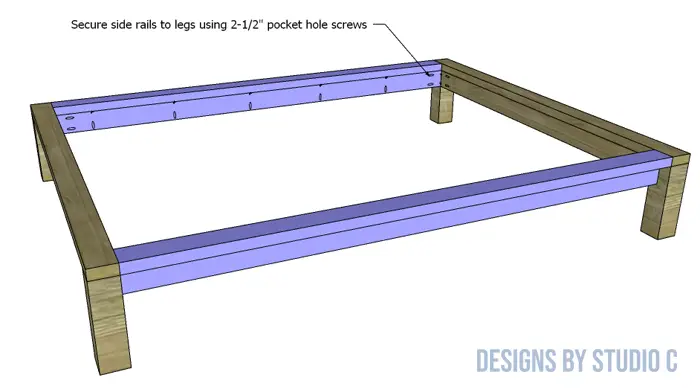 DIY Queen Platform Bed Frame secure side rails to legs