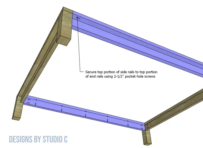 DIY Queen Platform Bed Frame additional pocket hole to secure top rails