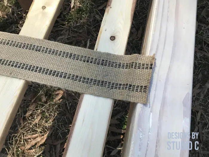 DIY connected bed slats staples through jute into wood