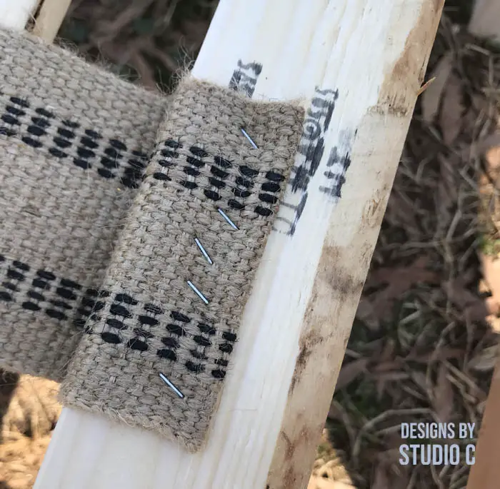 DIY connected bed slats fold webbing under and staple at beginning and end