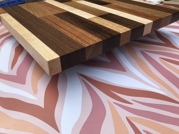 small hardwood chopping board patchwork edge view
