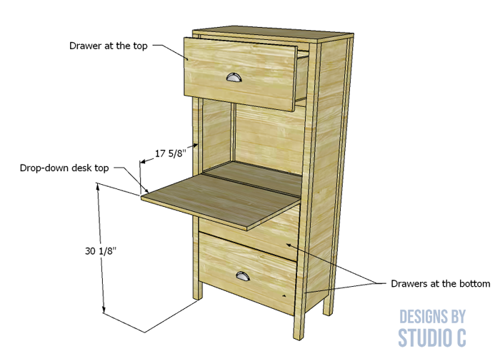 plans to build the Valerie storage cabinet open work surface and drawer