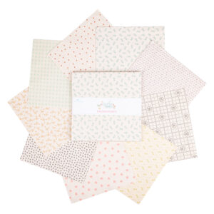 Lori Holt Gentler Times Backgrounds 10 inch stacker fabric precuts fanned out for display of prints